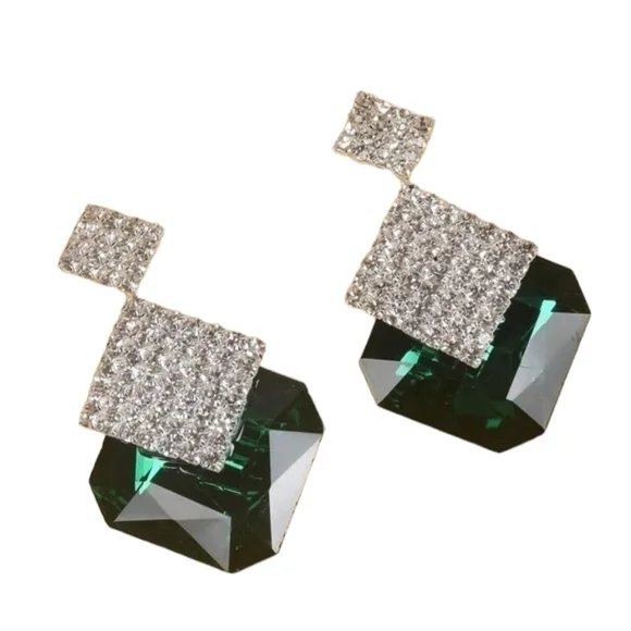 Green Square Glass Rhinestone Drop Earrings. New! - Picture 2 of 9